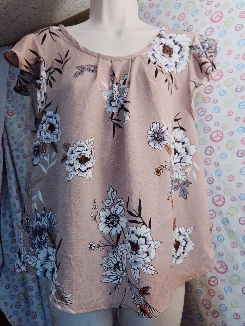 Large Iris Floral Beige Pink Blouse